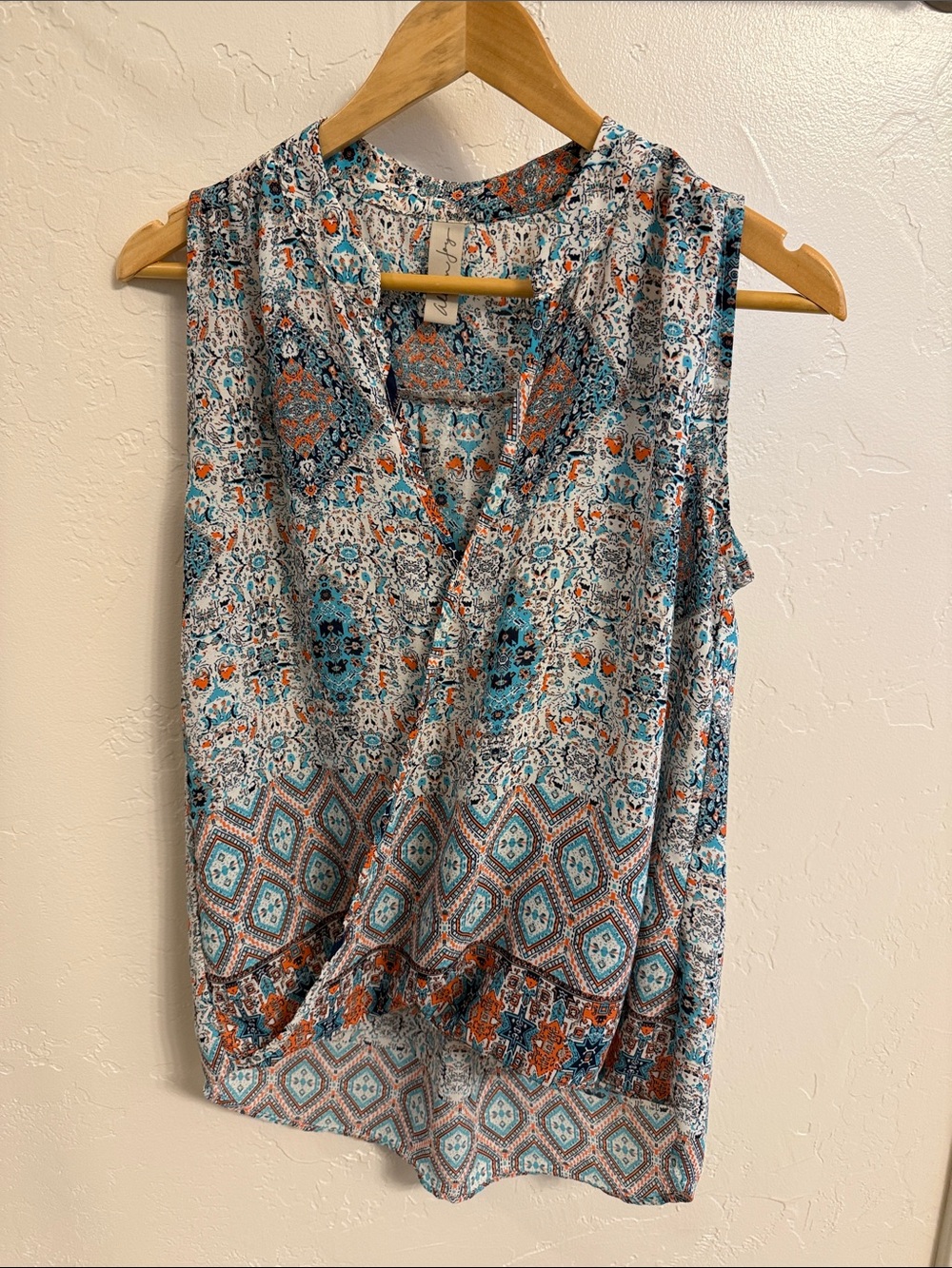 Sleeveless Printed Surplice Top - Teal & Rust